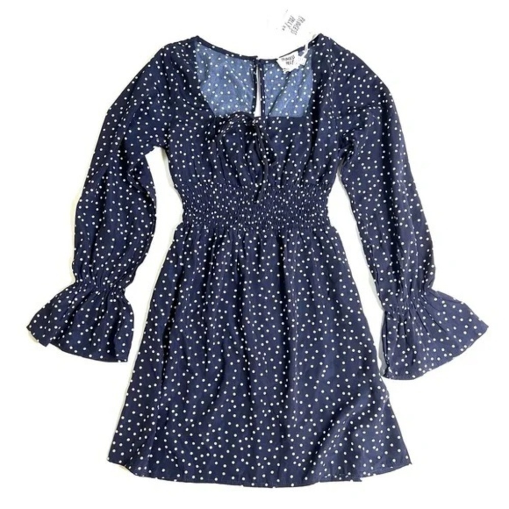 Princess Polly Navy Polka Dot Dress with Cinched Waist, Size 6